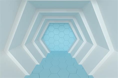 Espaço de túnel hexagonal renderização 3d de cubos hexágonos Foto