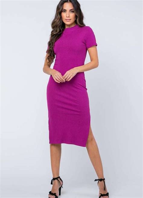 Vestido Miss Misses Midi Canelado Fenda Roxo Roxo Dress Us