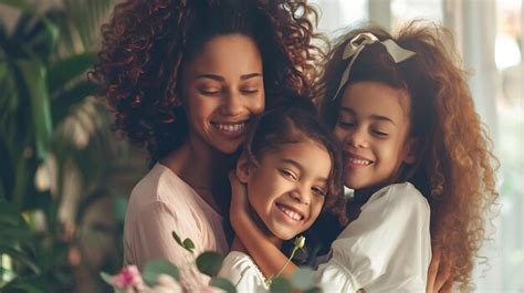 Premium Photo Beautiful Mother And Her Two Daughters Hugging And Smiling