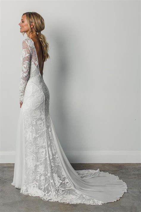 Sheath A Line Long Sleeves Ivory Rustic Lace Backless Scoop Beach Wedding Dresses In Uk