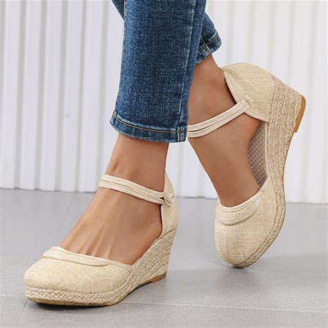 Mpwegnp Sandals Women Ripple Linen Platform Wedge Fashion Versatile Braided Buckle Breathable