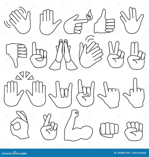 Hand Gestures Outline Line Stroke Icons Set Stock Vector