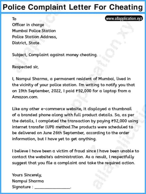 3 Samples Police Complaint Letter For Cheating