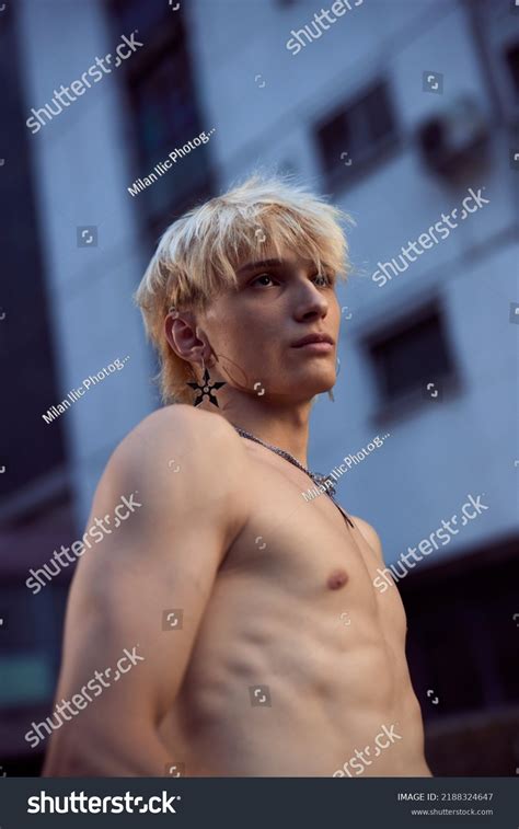 Portrait Blonde Shirtless Teenage Boy Urban Stock Photo