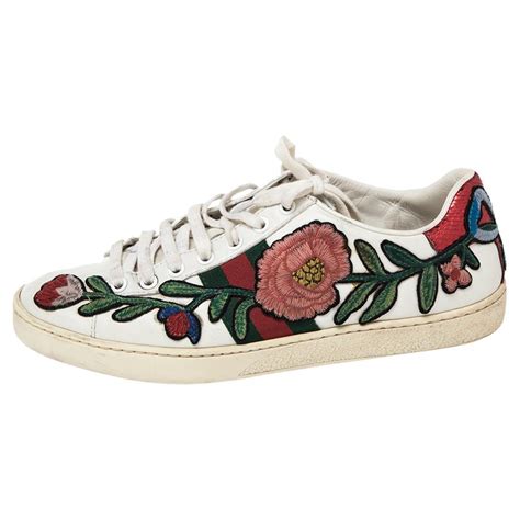 Gucci White Leather Sequin Embellished Ace Web Detail Low Top Sneakers