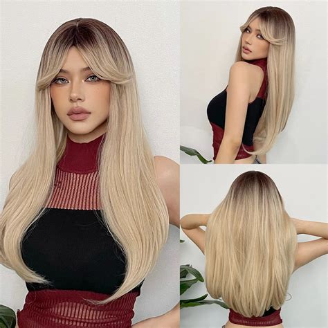 Henry Margu Long Blonde White Ombre Synthetic Wig With Bangs Straight