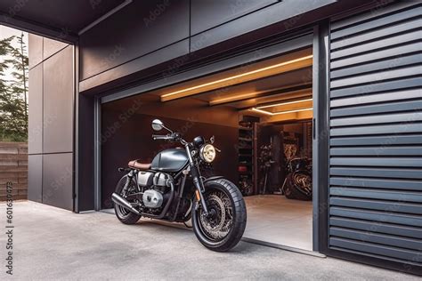 Photo Art Print Modern Garage Doors With Carport Motorcycle Parked In