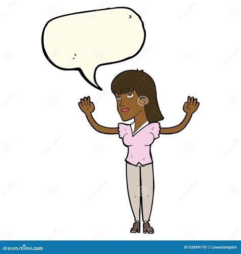 Cartoon Woman Throwing Hands In Air With Speech Bubble Stock Illustration Illustration Of