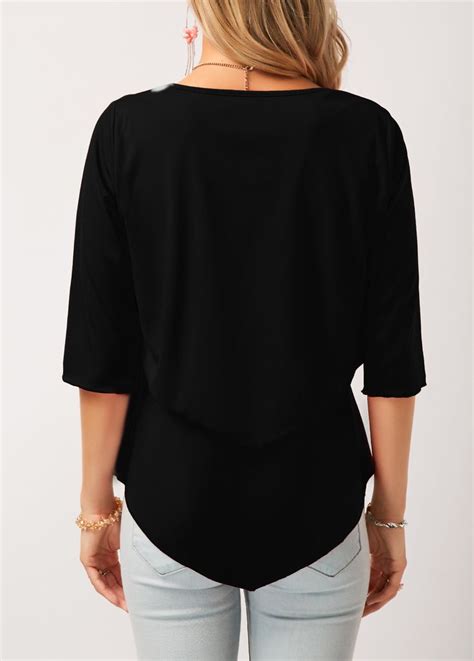 Black Round Neck Asymmetric Hem Layered Blouse Rosewe Usd