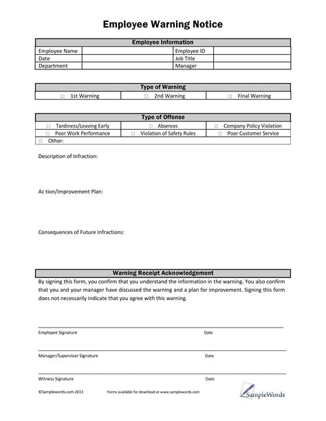 Printable Employee Written Warning Template Free