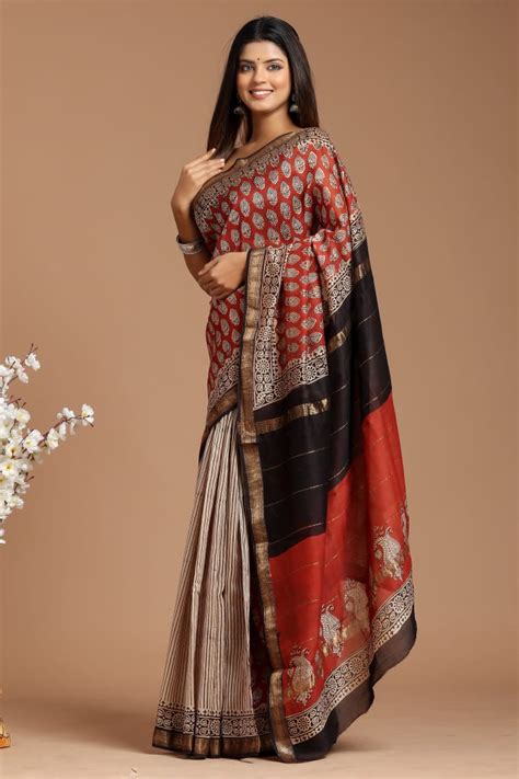 Black And Red Handblock Printed Maheshwari Silk Saree With Blouse