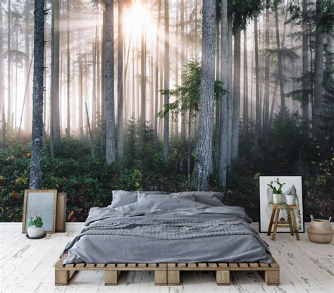 Morning foggy forest trees mural wallpaper peel and stick inside the forest wall decor bedroom ...