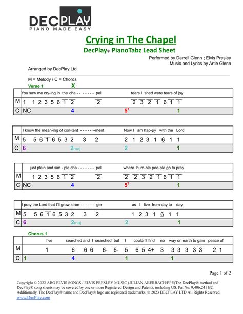 Crying In The Chapel Arr DecPlay Ltd By Elvis Presley Sheet Music