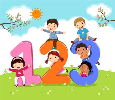 Niños de dibujos animados con 123 números Vector Premium