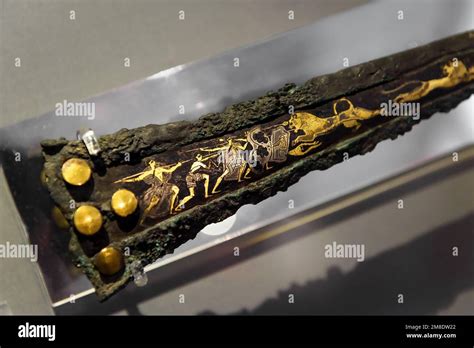 Athens May 7 2018 Bronze Sword With Gold Inlays Artifact From