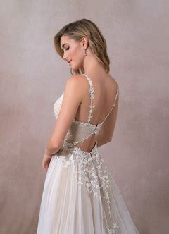Azazie Devi Diamond White Nude A Line V Neck Lace Tulle Dress Azazie CA