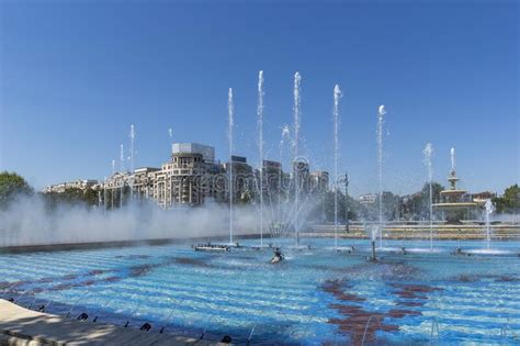 Fountain At Unirii Square In City Of Bucharest Romania Editorial Stock