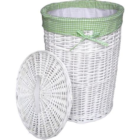 Panier À Linge Rond En Osier Avec Couvercle Blanc Diamètre 39 Cm