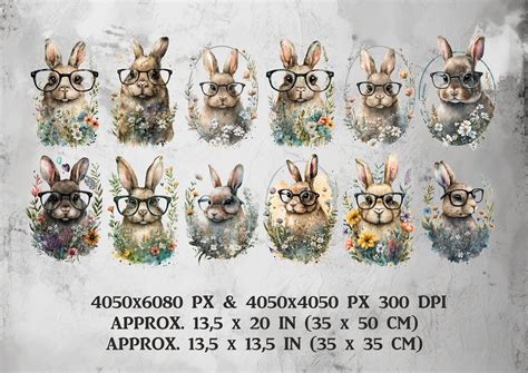 Watercolor Cute Bunnies In Glasses Pack 24 Watercolour Tiny Rabbits Png Digital Clip Art