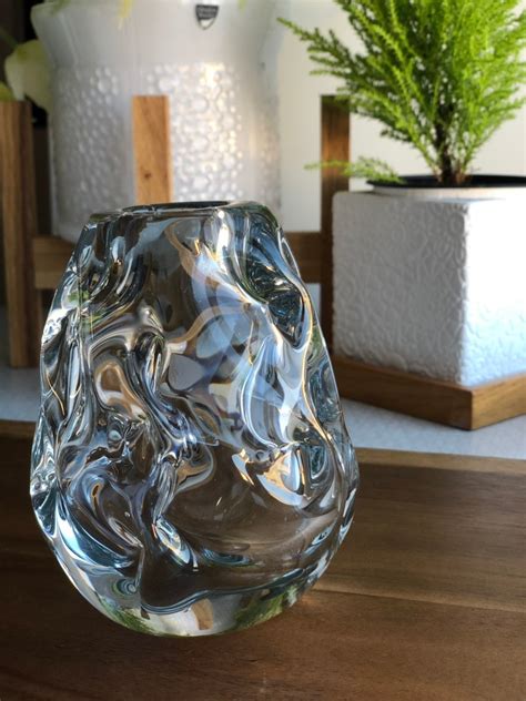 Vintage Scandinavian Hand Blown Glass Vase Modernist Mid Century Waterfall Glass