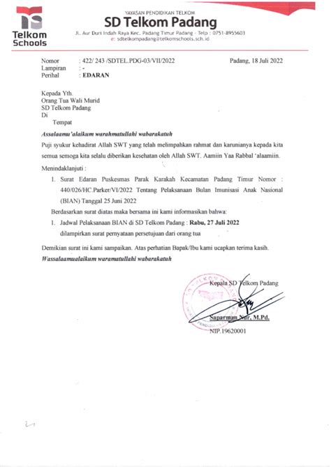 Surat Edaran Pelaksanaan Bulan Imunisasi Anak Nasional SD TELKOM PADANG