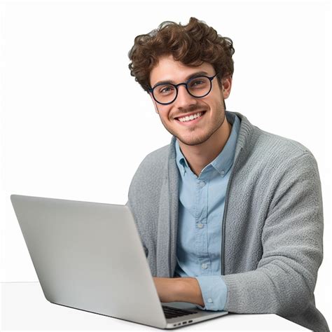 Premium Photo A Man In Glasses Is Sitting At A Laptop With A Smile On