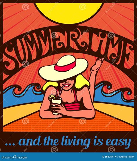 Summertime Blond Relaxed Girl Sunbathing On A Beach Poster Cartoon