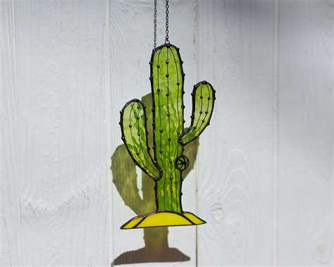 Stained Glas Decor Cactus Suncatcher Window Hangings Plant Etsy