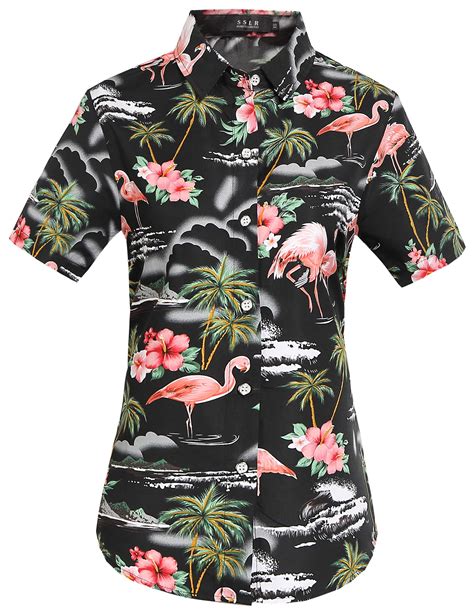 Sslr Hawaiian Shirt For Women Flamingo Short Sleeve Casual Button Down