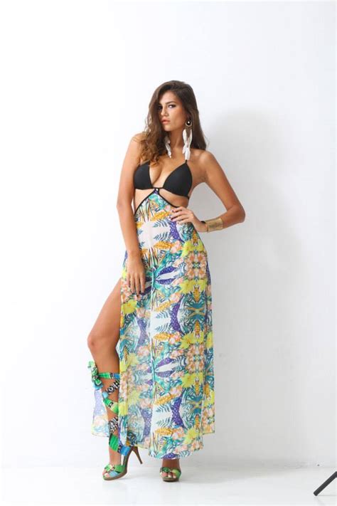 Sexy Resort Wear With Black Bikini And Tropical Print Sexy Beachwear Kaftans Dresses Thailand