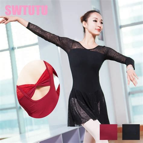 Adult Lace Long Sleeve Black Skirted Ballet Leotards Women Ballerina