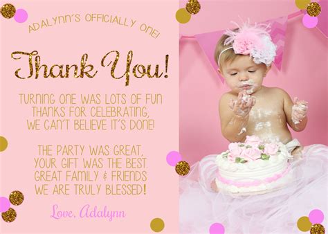 First Birthday Thank You Card Pink And Gold Glitter Thank You Etsy Uk