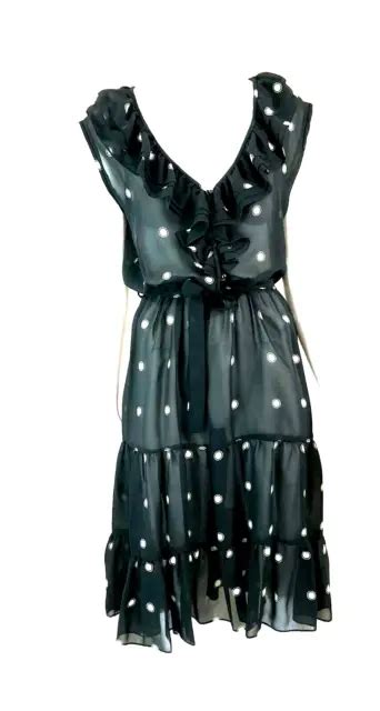 Vintage 1980s Sheer Dress Black And White Polka Dot Tiered Skirt Romantic