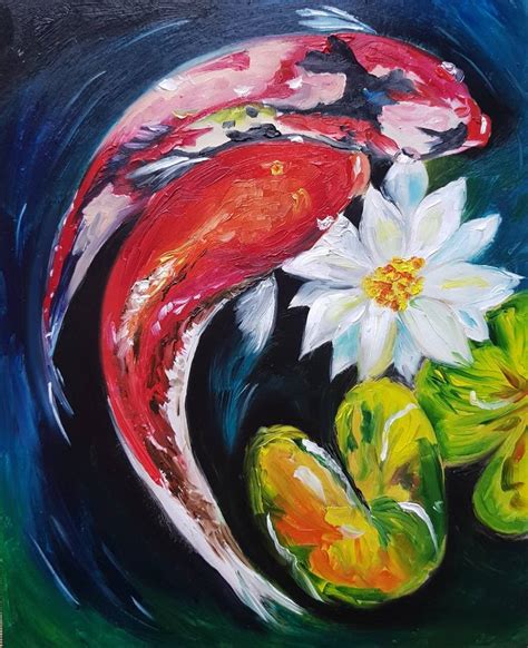 Koi Fish Painting Water Lily Original Lotus Painting Original Art Flowers Painting Water Lilies ...