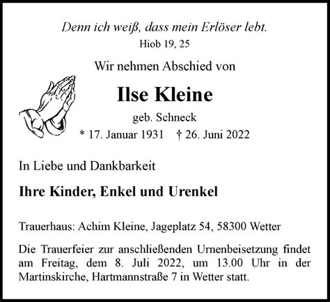 Traueranzeigen Von Ilse Kleine Trauer In Nrw De