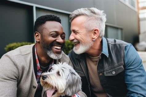 Pareja gay expresión feliz al aire libre en una ciudad generada por ai Foto Premium