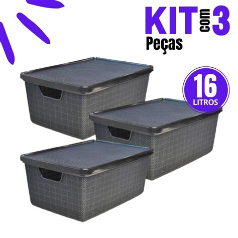 Kit 3 Caixa Organizadora Jutta Preto 16 Litros Cesto Organizador