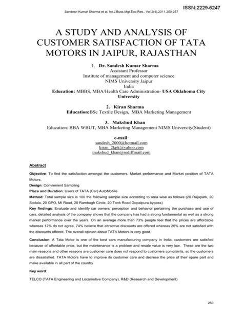 a study and analysis of customer satisfaction of tata motors