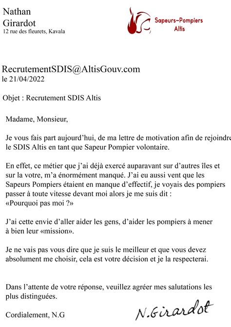 Exemple De Lettre De Motivation Pour Devenir Sapeur Pompier Volontaire