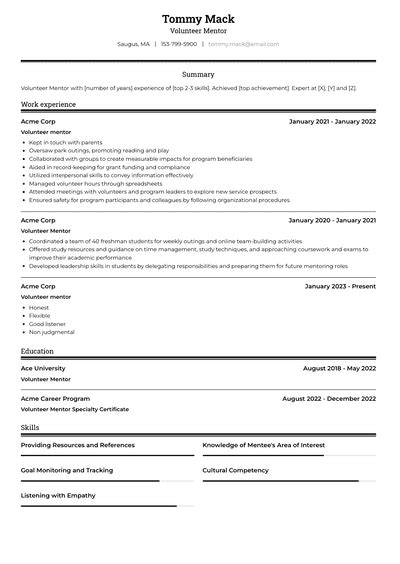 Volunteer Mentor Resume Examples And Templates