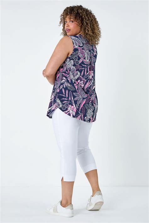 Pink Curve Textured Floral Print Stretch Top Roman UK