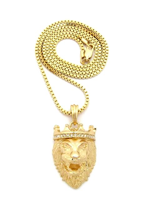 Stone Stud Crown King Lion Head Pendant W 2mm 24 Box Chain Necklace