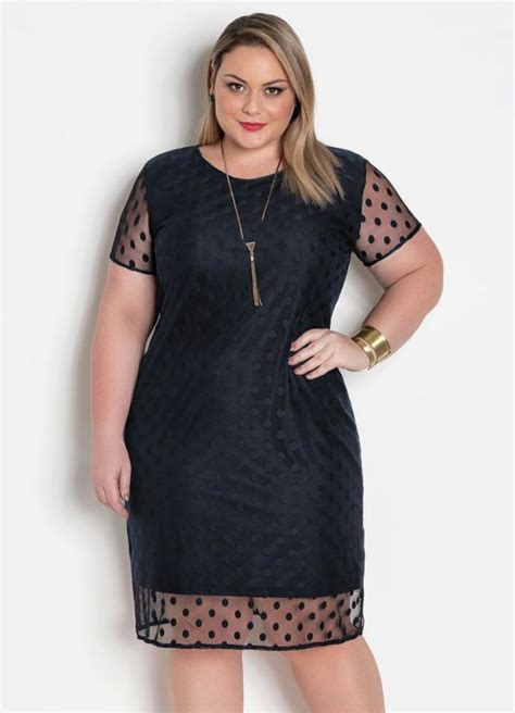 Vestido Preto Plus Size Com Tule Poá Marguerite