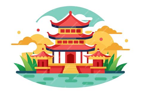 Red Pagoda With Golden Roof And Steps By A Lake Premium Ai Generated