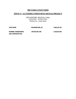 Fillable Online Rockvillemd BID TABULATION FORM IFB 02 17 Rockvillemd