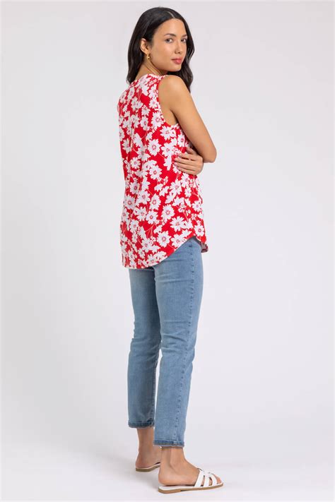 Floral Puff Print Notch Neck Top In Red Roman Originals Uk