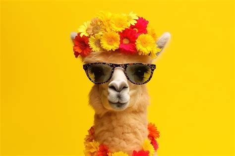 Premium Ai Image Cute Alpaca In Sunglasses Over Yellow Background