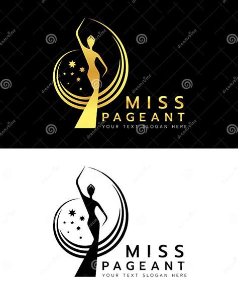 Miss Pageant Logo With Gold And Black Abstract Beauty Queen Wear Crown And Raise Hand Waving And