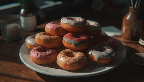 Premium Ai Image Indulgent Donut Plate Tempting Sweet Snack Variation