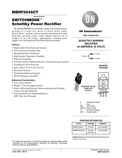 Mbrf Ct On Semiconductor Rectifier Hoja De Datos Ficha T Cnica